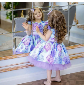 Robe de cérémonie fille avec bandeau assorti - Robe Bleue et mauve fleurie