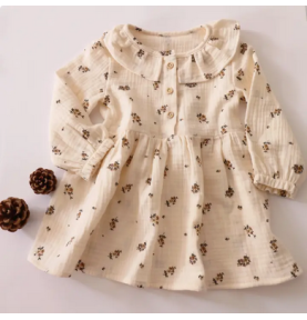 Robe crème à Fleurs marron en double gaze de coton