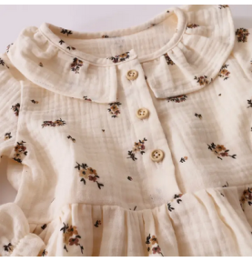 Robe crème à Fleurs marron en double gaze de coton